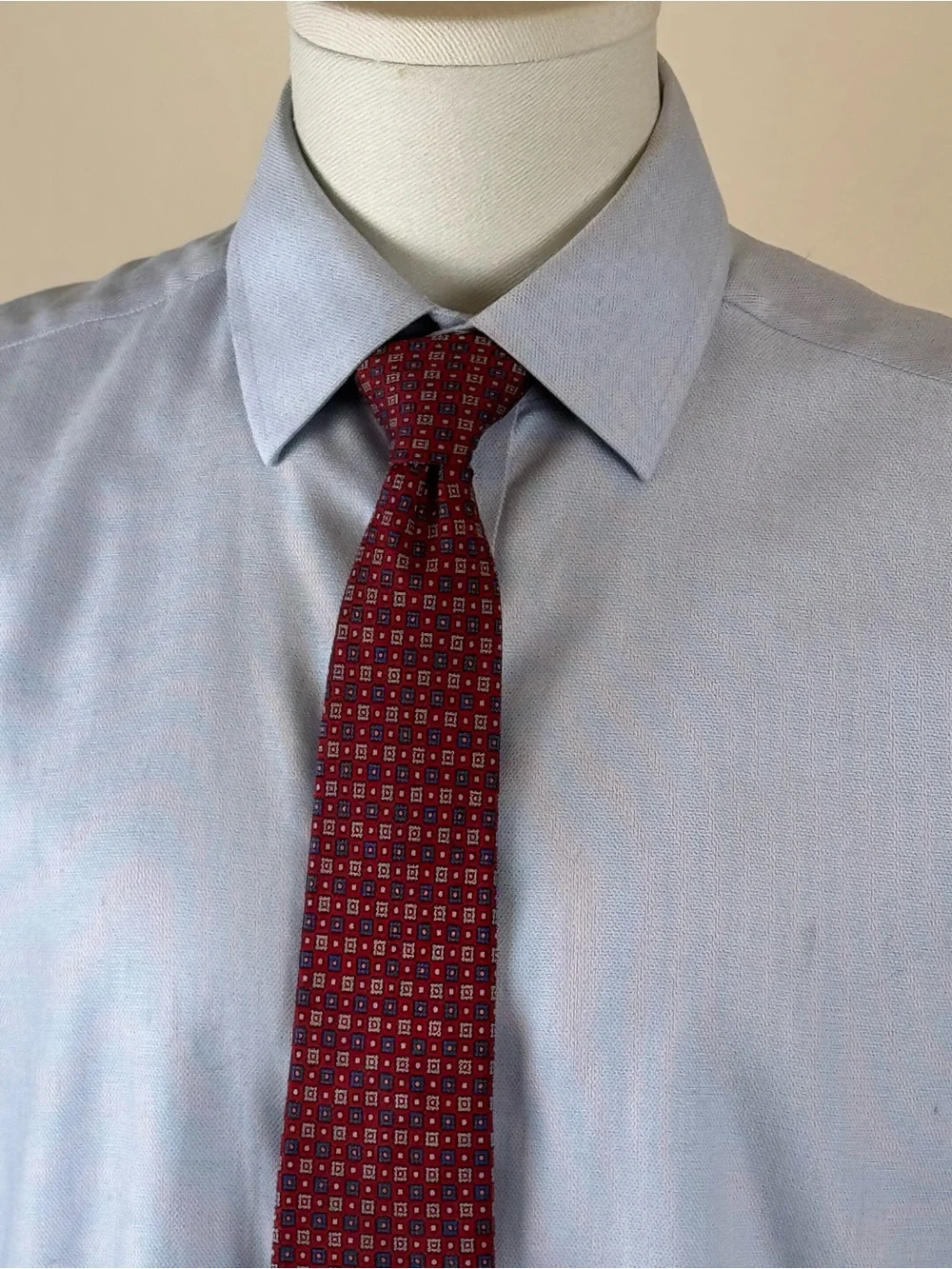 Brooks Brothers Men’s Necktie VTG Red Geometric Silk Tie Blue & Gray Accents